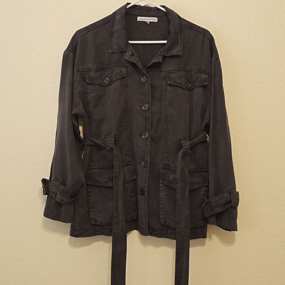 Young Fabulous & Broke Tencel Button Up Jacket Sz M Gray Tie Waist Belt Pockets